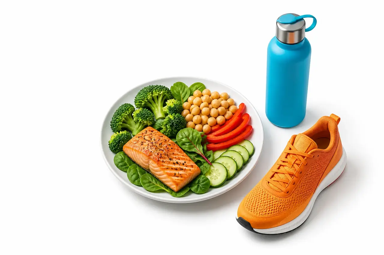 Plato variado, botella de agua azul y zapatilla naranja; ilustración editorial generada con IA