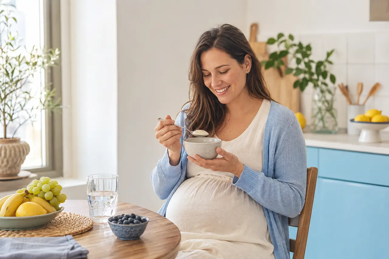 Mujer embarazada tomando un yogur natural en casa.