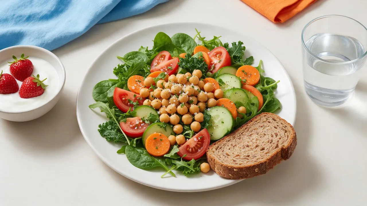 Plato de garbanzos y verduras, yogur con fruta, pan integral y agua; imagen editorial creada con IA.