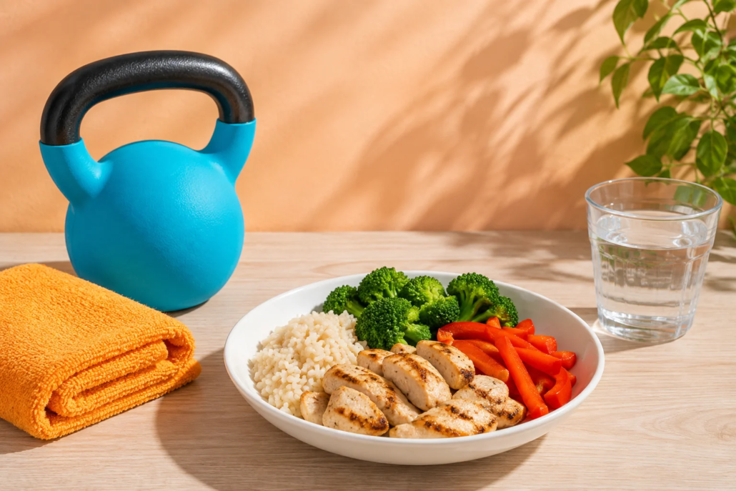 Comida con arroz, pollo y verduras junto a una pesa y agua; ilustración generada con IA