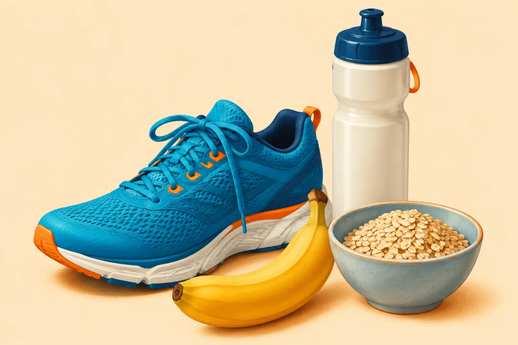 Zapatilla deportiva, agua, avena y plátano; ilustración editorial generada con IA