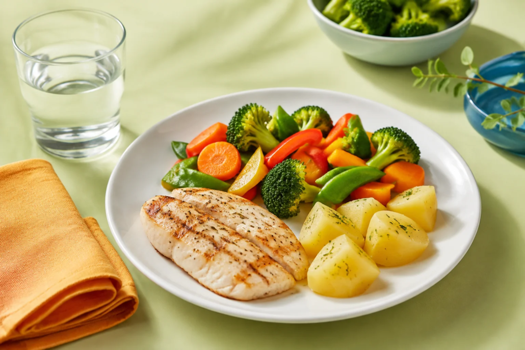 Plato con verduras, pescado y patata, acompañado de agua; ilustración generada con IA