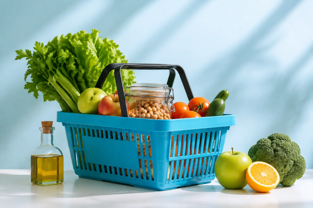 Cesta de verduras, fruta, garbanzos y aceite de oliva; ilustración generada con IA