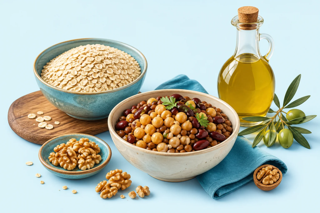 Avena, legumbres, frutos secos y aceite de oliva; ilustración editorial generada con IA