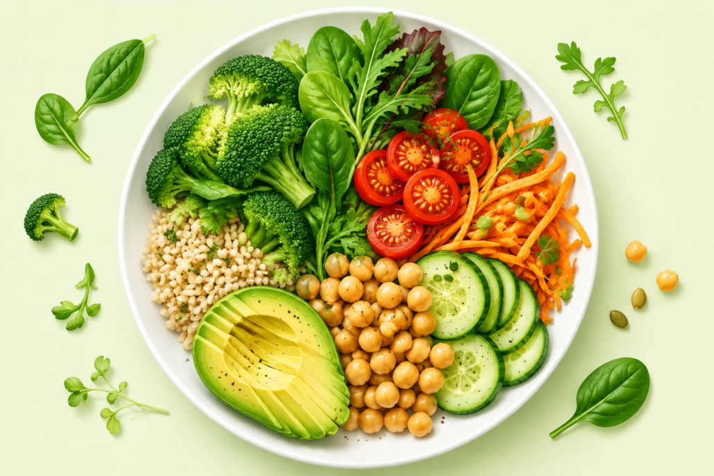 Plato con verduras y alimentos variados; ilustración editorial generada con IA